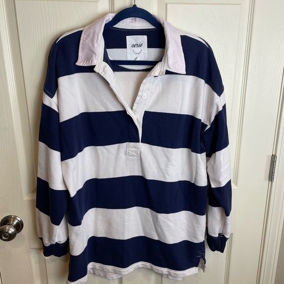 Aerie Oversized Rugby Striped Navy and White Shirt Medium - Picture 2 of 12
